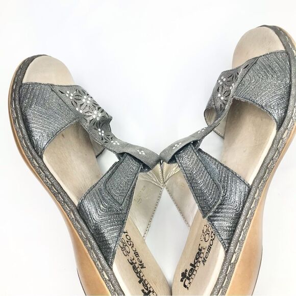 Rieker Silver Metallic Laser Cut Rhinestone MemoSoft Antistress Slide Sandals - Picture 7 of 16